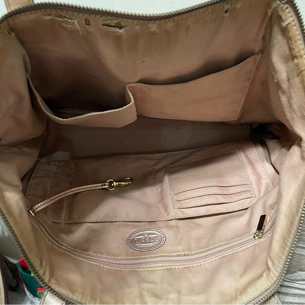 Fossil Sydney Shopper Tote Shoulder Bag Cowhide Leather Metallic Gold Zip Close - Picture 11 of 16